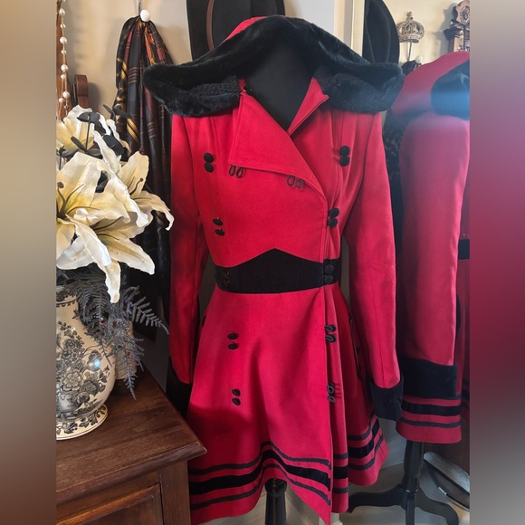 Hell Bunny Jackets & Blazers - Hell Bunny Sophia Red Fit-and-Flare Pea Coat with Black Trim